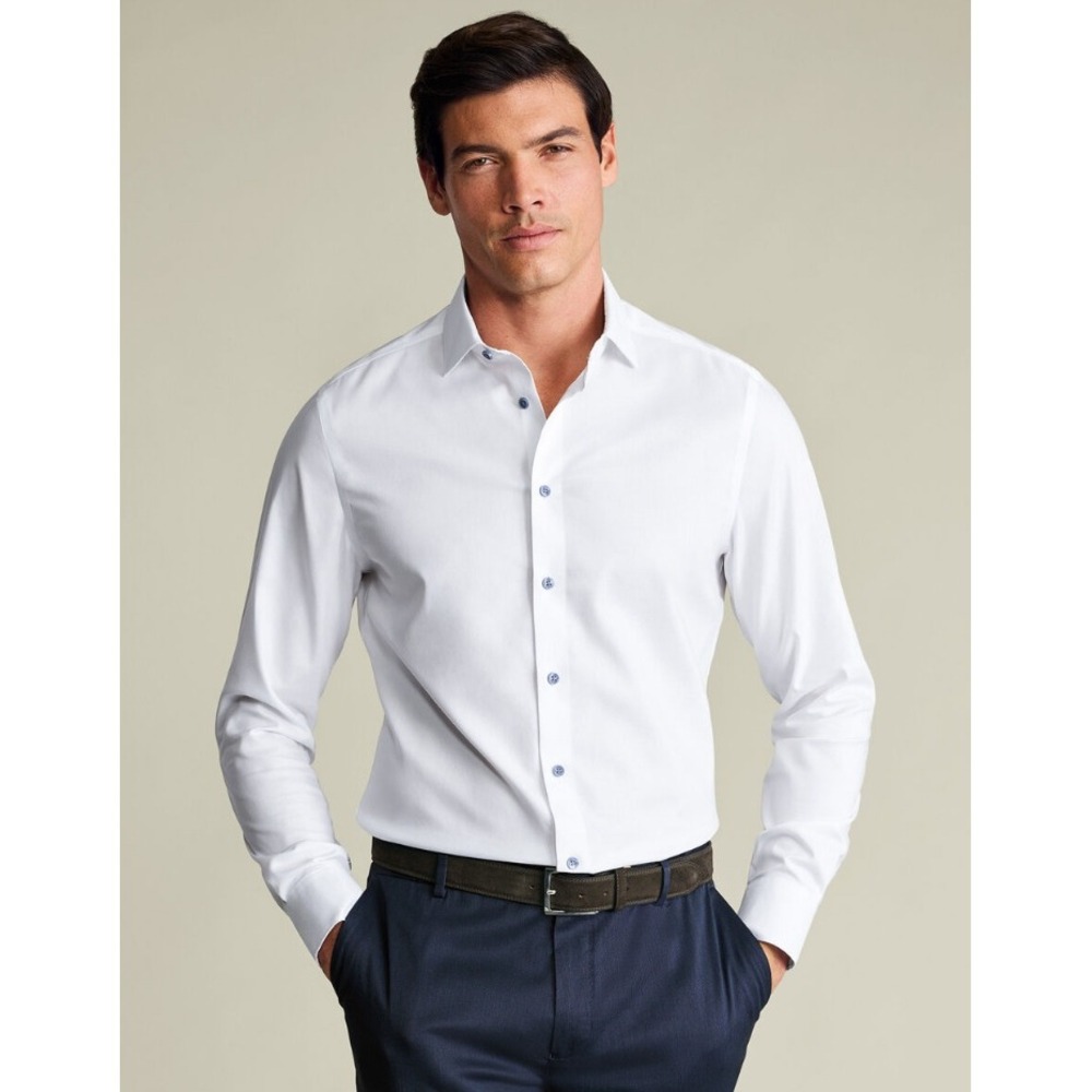 Charles Tyrwhitt Mens White Non-Iron Stretch Slim Fit Printed Trim Shirt 16/35